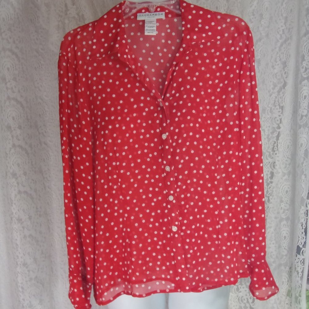 Sag Harbor Petite Red White polka dot Blouse Size PL NWOT